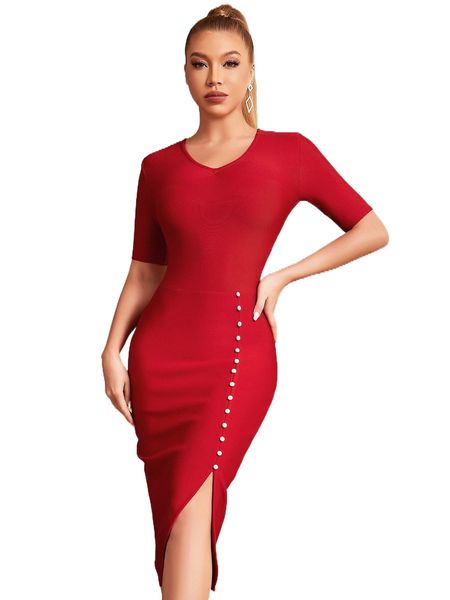 adyce fake button slit front bandage dress d436#, Black;gray