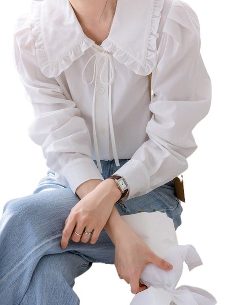 dazy-less frilled statement collar puff sleeve blouse v9ie#, White
dazy-less frilled statement collar puff sleeve blouse v9ie#, White