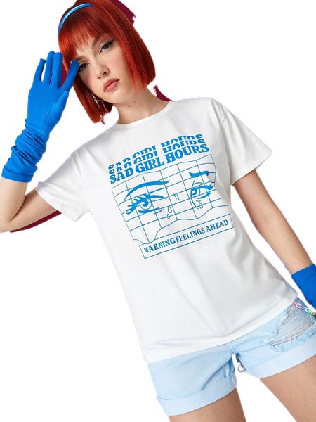 romwe x splusmart eye letter graphic tee without oversleeves 49ks#, White