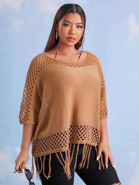 plus open knit fringe hem sweater o8zp#, Black