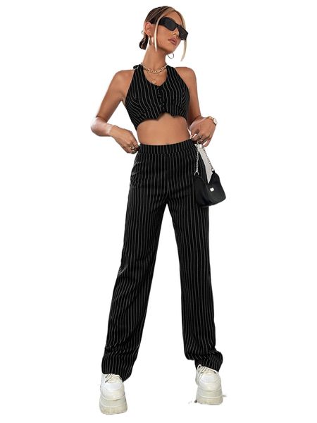 striped print backless crop halter with pants f5yr#, White