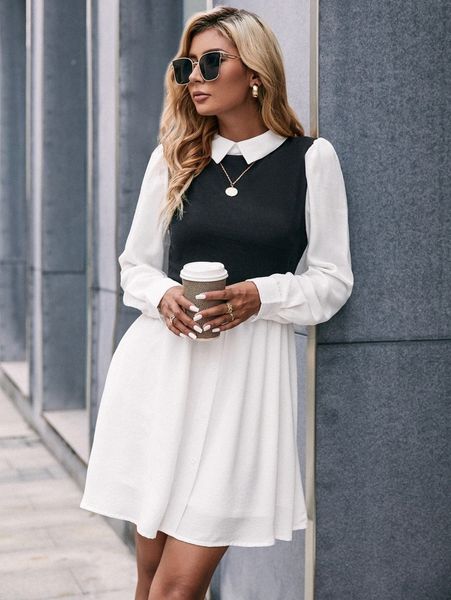 colorblock puff sleeve 2 in 1 dress u7vu#, Black;gray
colorblock puff sleeve 2 in 1 dress u7vu#, Black;gray