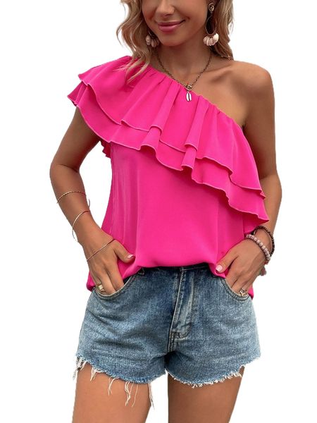 one shoulder ruffle trim z8j6#, White
one shoulder ruffle trim z8j6#, White