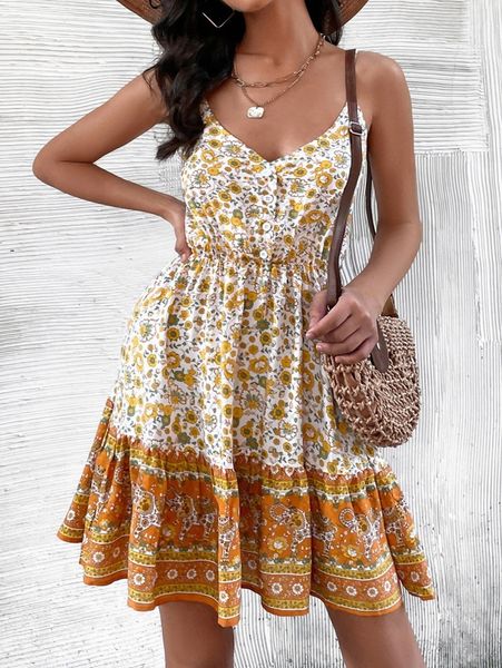 floral print button front ruffle hem cami dress b49o#, Black;gray 
floral print button front ruffle hem cami dress b49o#, Black;gray