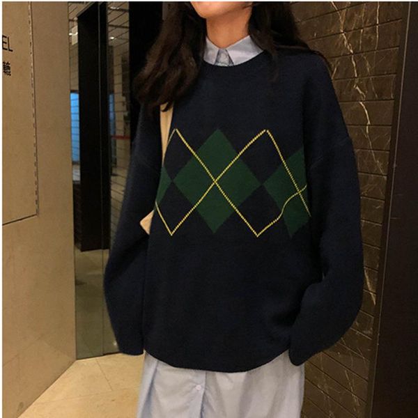 women's sweaters oversized korean pullovers autumn winter geometric pattern argyle loose o-neck knitted woman jumper, White;black 
women's sweaters oversized korean pullovers autumn winter geometric pattern argyle loose o-neck knitted woman jumper, White;black