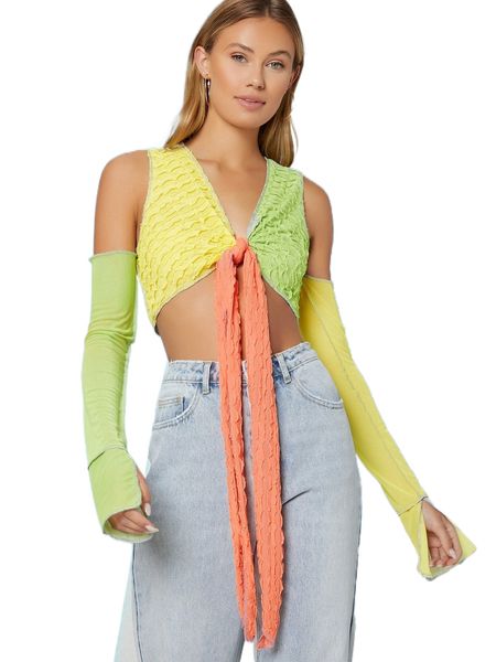 x ji yeon lee colorblock knotted bust open-shoulder crop e0ql#, White 
x ji yeon lee colorblock knotted bust open-shoulder crop e0ql#, White