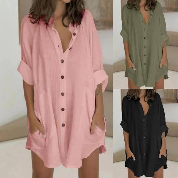 women shirt stand collar long sleeve mini dress above knee solid color buttons lady clothing streetwear 220721, Black;gray