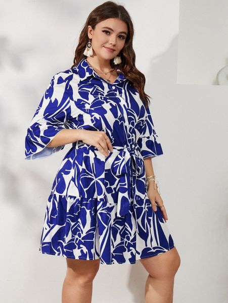 plus abstract floral print flounce sleeve ruffle hem belted dress v3lr#, Black
plus abstract floral print flounce sleeve ruffle hem belted dress v3lr#, Black