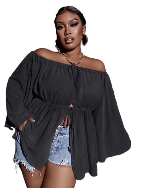 plus off shoulder knot front split hem peplum blouse 31on#, Black