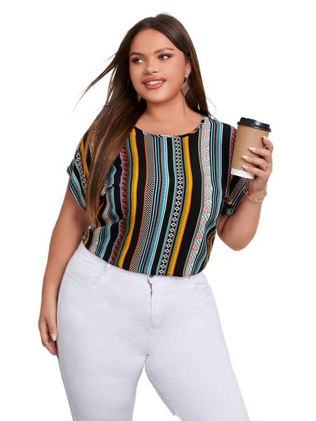 plus vertical striped & geo print batwing sleeve blouse p18o#, Black
plus vertical striped & geo print batwing sleeve blouse p18o#, Black