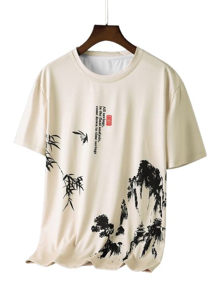 men slogan & landscape print tee p1p3#, White;black 
men slogan & landscape print tee p1p3#, White;black