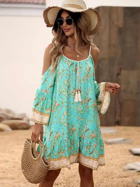 floral print cold shoulder tassel knot front ruffle hem dress v1eo#, Black;gray