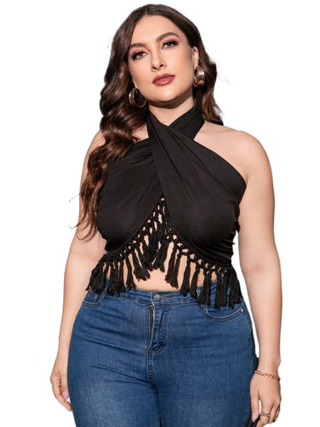 plus backless wrap cross tassel trim crop halter q5db#, Black
plus backless wrap cross tassel trim crop halter q5db#, Black