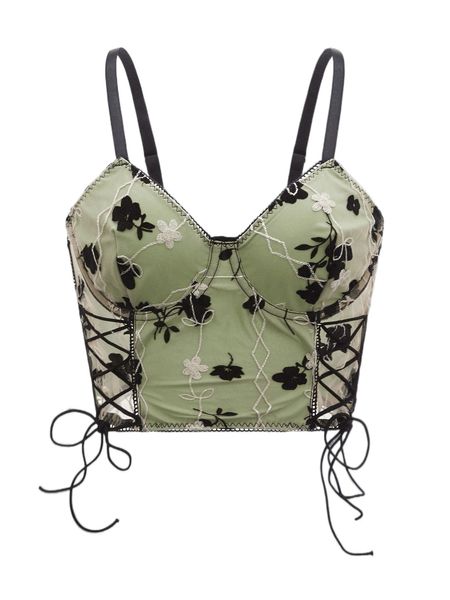 romwe fairy grunge floral embroidery lace up cami q3nq#, White