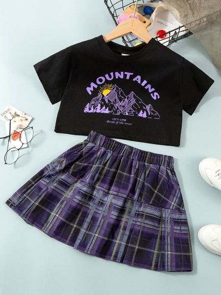 girls mountain & letter graphic crop tee & plaid skirt she, White 
girls mountain & letter graphic crop tee & plaid skirt she, White