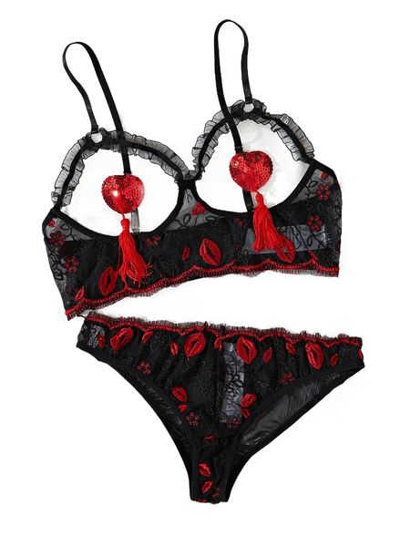 embroidery cut-out frill trim lingerie set with 1pair nipple cover h9k7#, Black;red
embroidery cut-out frill trim lingerie set with 1pair nipple cover h9k7#, Black;red