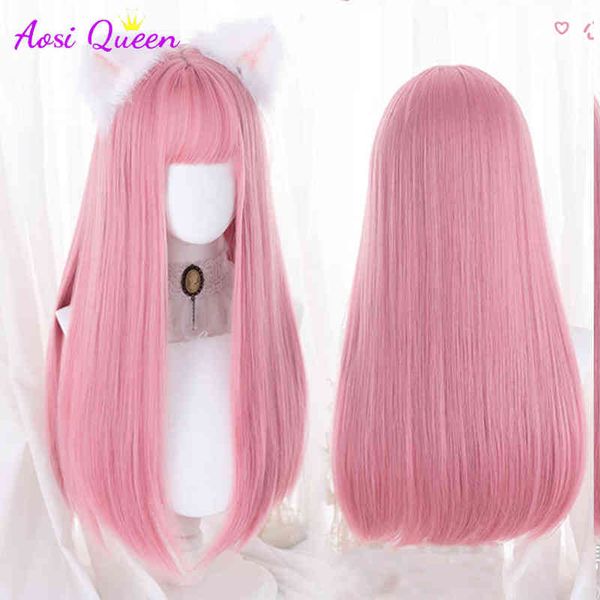 long pink straight with bangs synthetic wigs for women's lolita fake hair green purple cosplay hairpiece 220622, Black 
long pink straight with bangs synthetic wigs for women's lolita fake hair green purple cosplay hairpiece 220622, Black