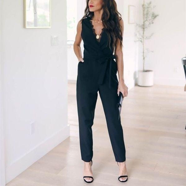 fashion lace women jumpsuit with belt sleeveless summer casual vneck solid women black jumpsuits fashion female pants y200106, Black;white
fashion lace women jumpsuit with belt sleeveless summer casual vneck solid women black jumpsuits fashion female pants y200106, Black;white