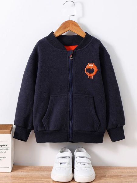 toddler boys cartoon embroidered drop shoulder fleece bomber jacket she, Blue;gray