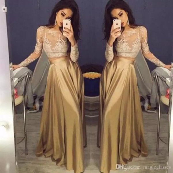 champagne prom dresses two piece with long sleeves lace applique satin floor length custom made evening gown formal occasion wear vestidos, Black
champagne prom dresses two piece with long sleeves lace applique satin floor length custom made evening gown formal occasion wear vestidos, Black