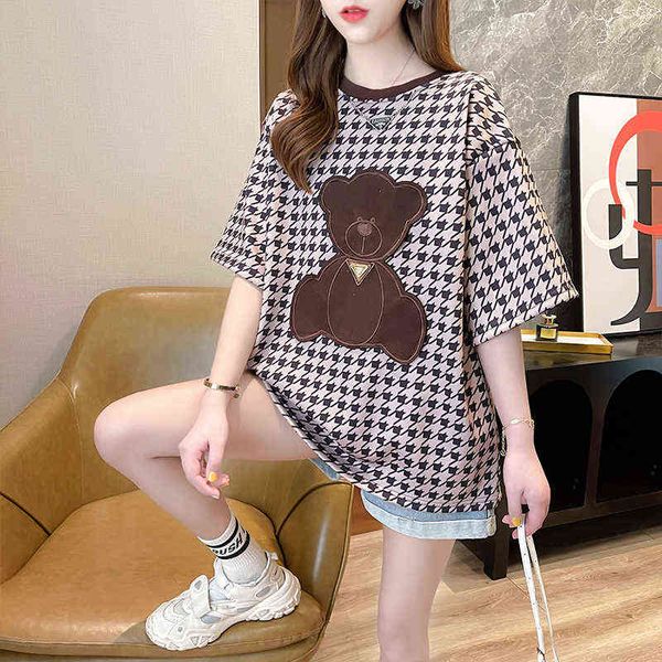 women summer t-shirt 2022 korean girls oversize plaid o-neck short sleeve tees kawaii bear pattern hasbulla dames zomer y220411, White
women summer t-shirt 2022 korean girls oversize plaid o-neck short sleeve tees kawaii bear pattern hasbulla dames zomer y220411, White