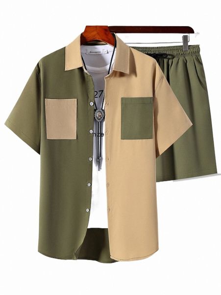 men colorblock patched pocket shirt & drawstring waist shorts without tee e1ft#, Gray
men colorblock patched pocket shirt & drawstring waist shorts without tee e1ft#, Gray