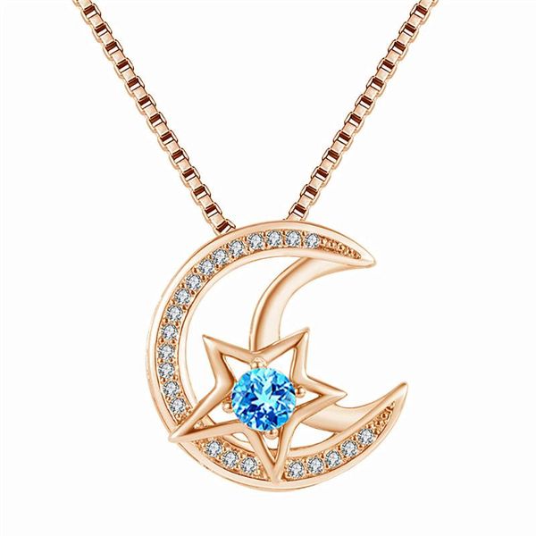 

lockets moon stars blue crystal zircon diamonds gemstones pendant necklaces for women girl rose gold color choker chain fashion jewellry, Silver