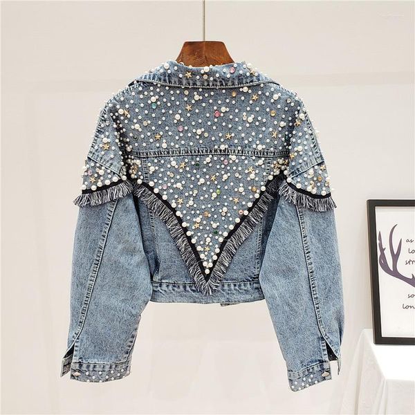women's jackets 2022 mujer spring autumn streetwear denim jacket women hand-studded pearls punk tassel veste femme loose short jeans co, Black;brown
women's jackets 2022 mujer spring autumn streetwear denim jacket women hand-studded pearls punk tassel veste femme loose short jeans co, Black;brown