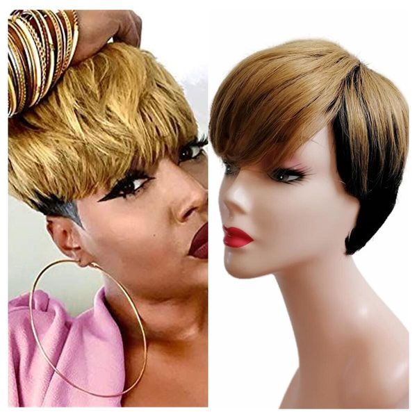 short pixie cut wigs with mixed blonde brown bangs human hair wigs for black women machine made wig, Black;brown
short pixie cut wigs with mixed blonde brown bangs human hair wigs for black women machine made wig, Black;brown