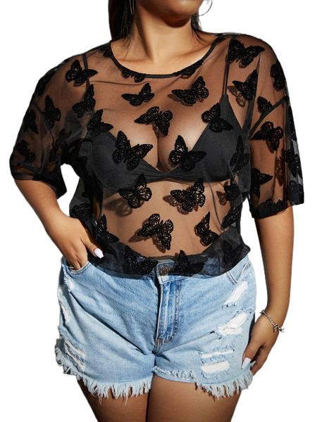 plus butterfly mesh drop shoulder without bra v8xm#, Black
