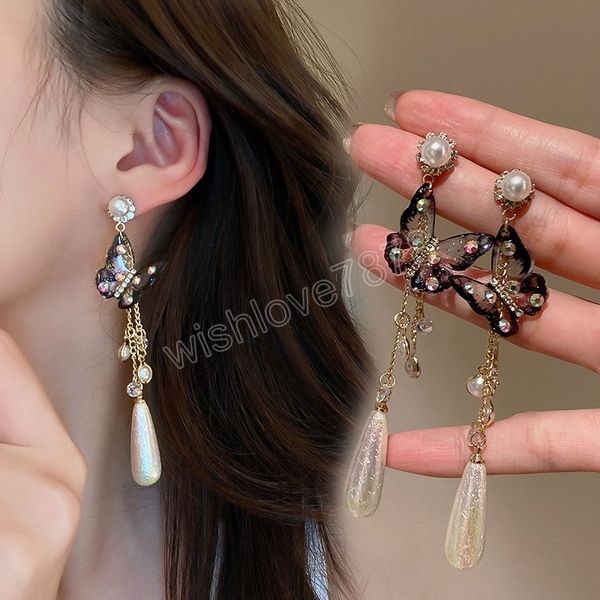 fashion shiny butterfly rhinestone dangle earrings women elegant long pearl tassel chain pendant party jewelry, Silver 
fashion shiny butterfly rhinestone dangle earrings women elegant long pearl tassel chain pendant party jewelry, Silver