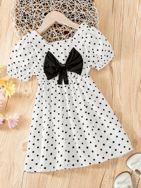little girl boca dot front bow bubble sleeve dress she, Red;yellow