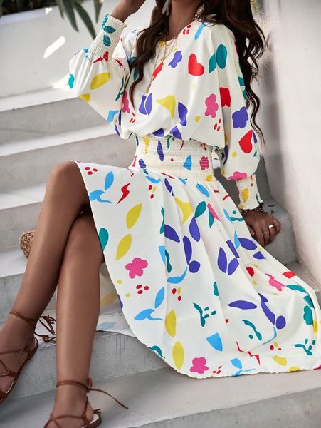 random floral print shirred waist dolman sleeve backless dress j9hv#, Black;gray
random floral print shirred waist dolman sleeve backless dress j9hv#, Black;gray