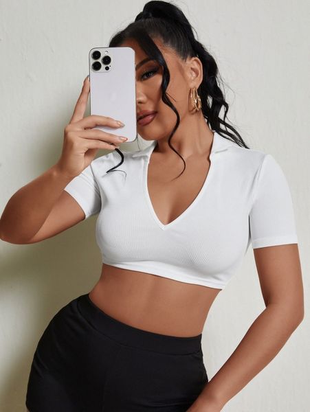 sxy solid rib knit deep v neck crop tee e6fb#, White 
sxy solid rib knit deep v neck crop tee e6fb#, White