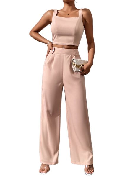 shirred cami & wide leg pants set j78z#, White