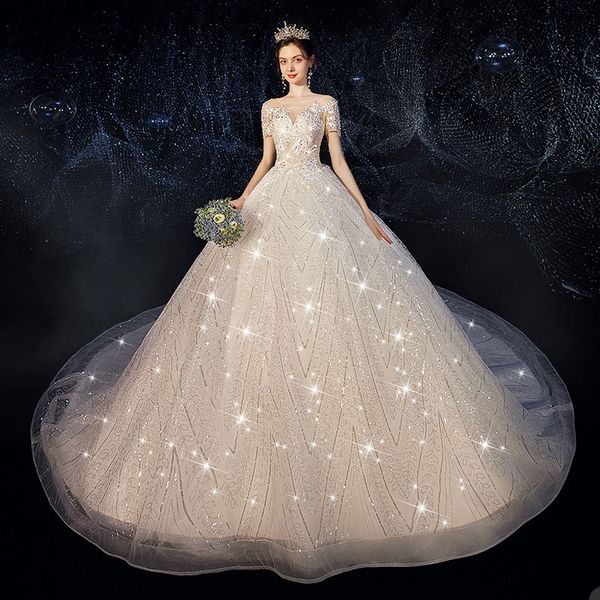 brilliant gown wedding dresses jewel short-sleeve illusion bodice race organza sequins applique vestidos de novia, White
brilliant gown wedding dresses jewel short-sleeve illusion bodice race organza sequins applique vestidos de novia, White