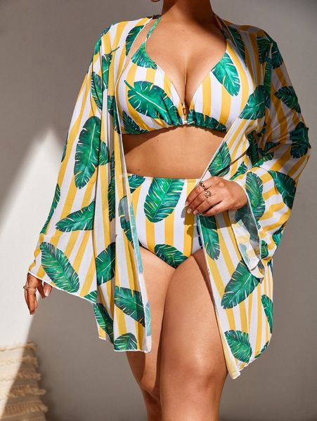 plus plant print bikini swimsuit with kimono d6hl#, White;black 
plus plant print bikini swimsuit with kimono d6hl#, White;black