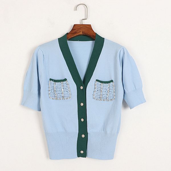 23 2022 milan runway spring summer brand same style sweater pink beads short sleeve v neck pullover womens dl, White;black
23 2022 milan runway spring summer brand same style sweater pink beads short sleeve v neck pullover womens dl, White;black