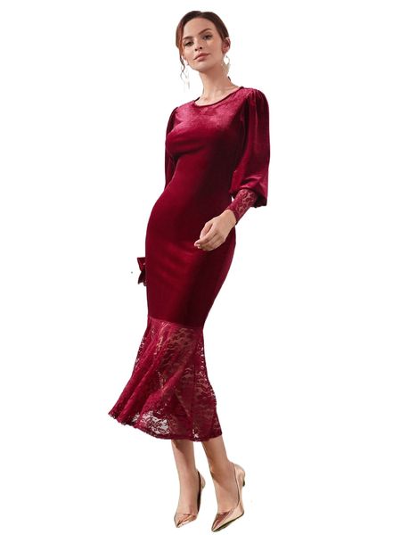 lantern sleeve lace panel mermaid hem velvet dress d5ep#, Black;gray
lantern sleeve lace panel mermaid hem velvet dress d5ep#, Black;gray