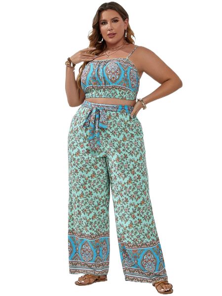 plus floral print crop cami & knot front wide leg pants y36q#, Black
plus floral print crop cami & knot front wide leg pants y36q#, Black