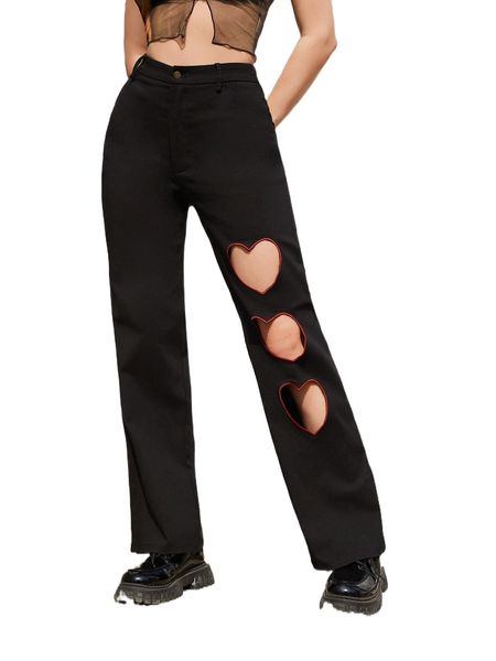 heart cut out straight leg pants 377d#, Black;white