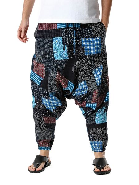 men random patchwork print drop crotch pants 56hd#, Black