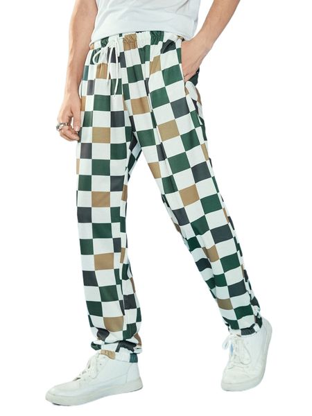 men checker print drawstring waist pants b14q#, Black