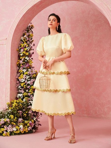 colorblock puff sleeve layered hem dress w2ze#, Black;gray
colorblock puff sleeve layered hem dress w2ze#, Black;gray