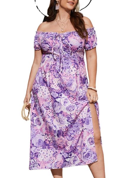 plus floral print off shoulder tie front slit thigh dress 46nn#, Black
plus floral print off shoulder tie front slit thigh dress 46nn#, Black