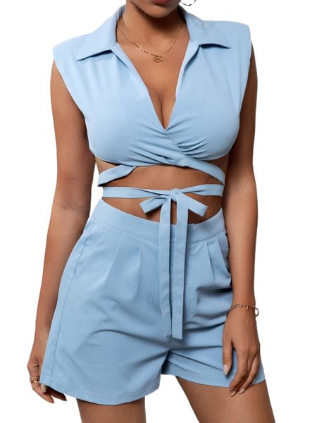 crisscross tie front crop & plicated detail shorts k6qv#, White
crisscross tie front crop & plicated detail shorts k6qv#, White