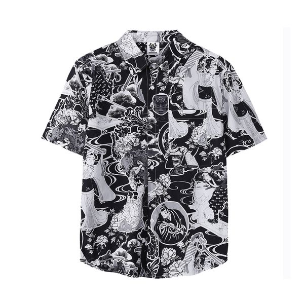european and american men's wear summer 2022 new short sleeve lapel single breasted retro character print fashion shirt, White;black
european and american men's wear summer 2022 new short sleeve lapel single breasted retro character print fashion shirt, White;black