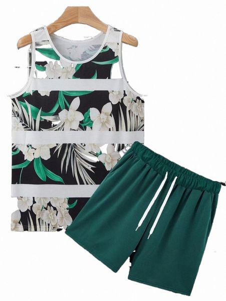 men random tropical print tank & shorts a29v#, Gray 
men random tropical print tank & shorts a29v#, Gray