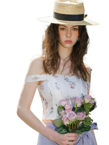 floral print off shoulder crop b3d1#, White 
floral print off shoulder crop b3d1#, White