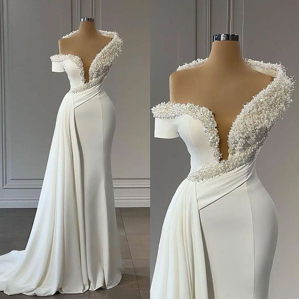 simple mermaid wedding dress one shoulder pearl sequins short sleeve dress applique bridal gown for women robe de soiree, White
simple mermaid wedding dress one shoulder pearl sequins short sleeve dress applique bridal gown for women robe de soiree, White